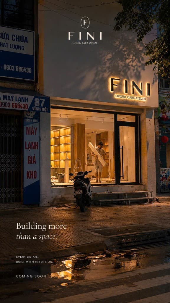 Mặt tiền FINI Luxury Care Atelier ban đêm — Building more than a space, Coming Soon