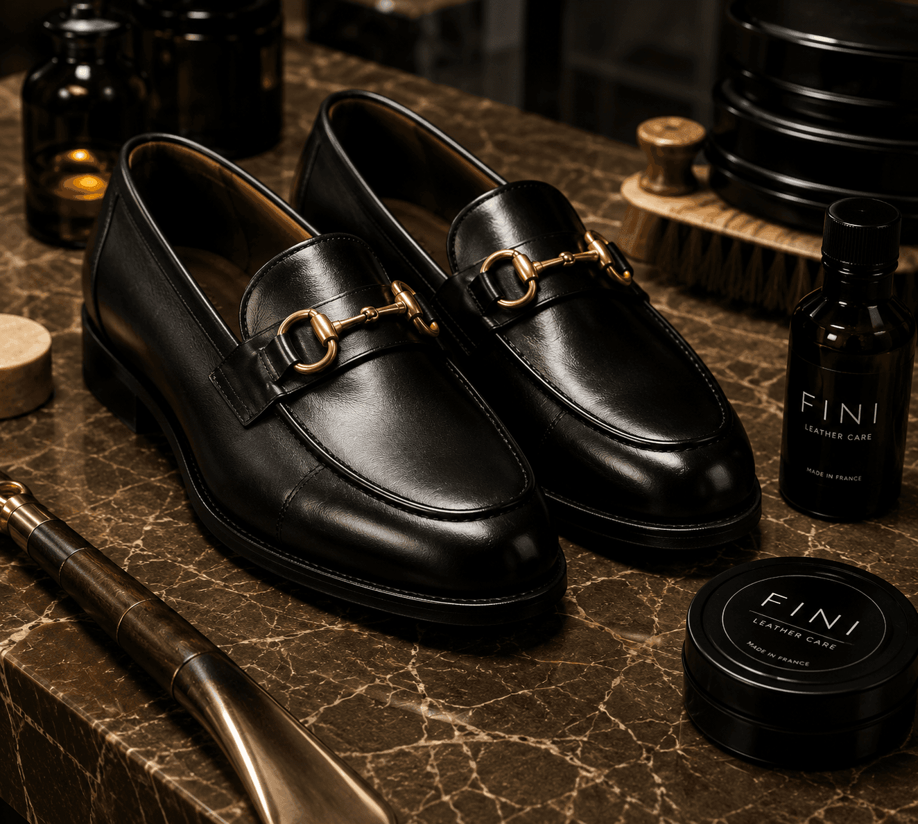 Giày da đen và dụng cụ chăm sóc da cao cấp tại atelier