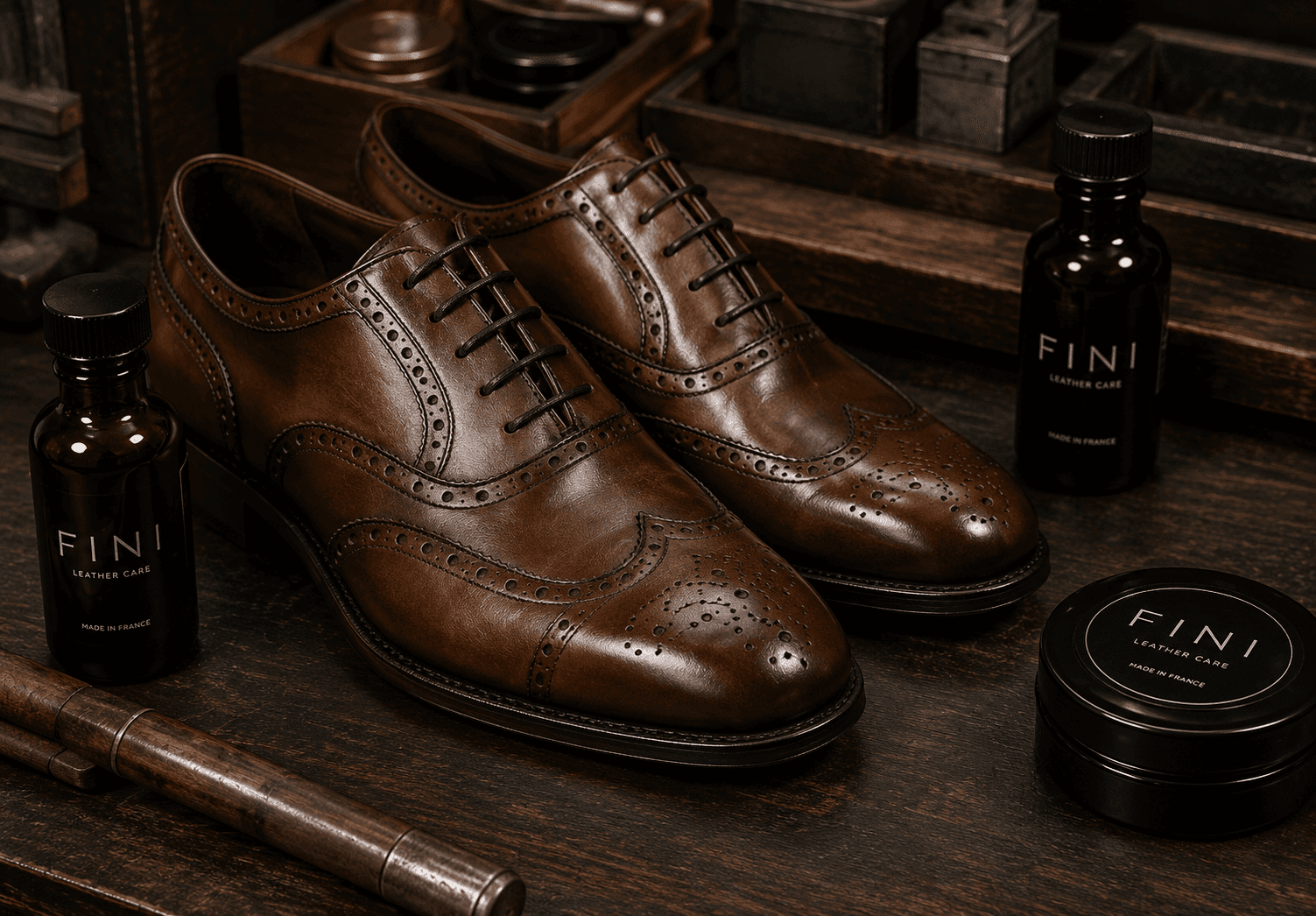 Giày brogue da nâu đánh bóng và dưỡng tại atelier
